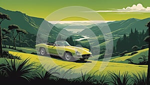 a yellow sports car driving down a hilly road through the mountains