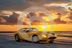 A yellow sports car is parked on a sandy beach as the sun sets in the background, A classic yellow sports car on a beach at sunset