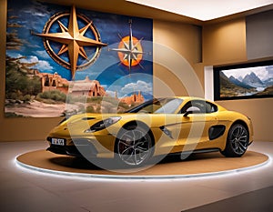 A yellow sports car parked in a showroom