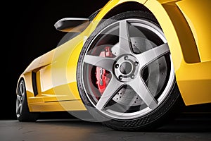 Yellow sports car . Wheel and brakes closeup. 3d render