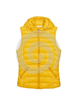 Yellow sports vest with hood and zipper isolated on white background