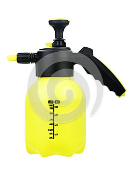 Yellow sprayer with pump on white background