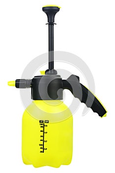 Yellow sprayer with pump on white background