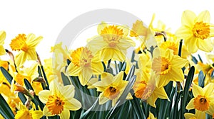 Yellow spring daffodils field background banner isolated