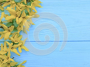 Yellow spring flowers vintage border seasonal on blue wooden background