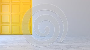 Yellow square decorative wall panels and white wall concept 3d illustration