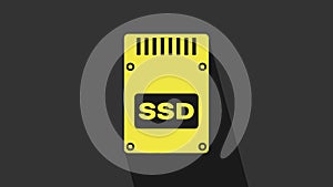 Yellow SSD card icon isolated on grey background. Solid state drive sign. Storage disk symbol. 4K Video motion graphic