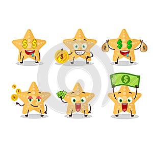 Yellow starfish cartoon character with cute emoticon bring money