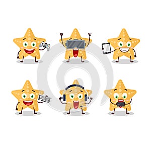 Yellow starfish cartoon character are playing games with various cute emoticons