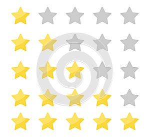 Yellow stars rating on white background. Feedback evaluation in flat design. Rank quality. Review stars symbol. Isolated top rate