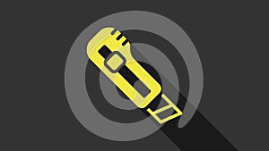 Yellow Stationery knife icon isolated on grey background. Office paper cutter. 4K Video motion graphic animation