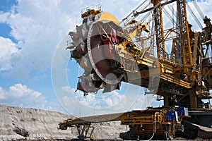 Yellow steel excavator in coal mine