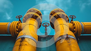 Yellow steel pipes and valves over blue sky background. Industrial infrastructure, engineering, manufacturing, construction,