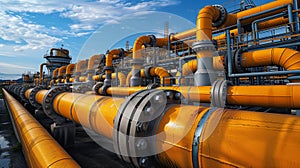 Yellow steel pipes and valves over blue sky background. Industrial infrastructure, engineering, manufacturing, construction,