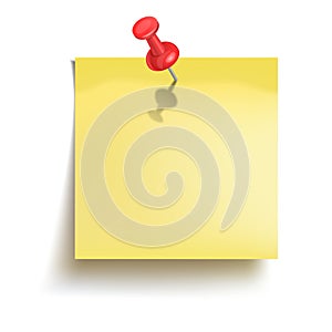 Yellow sticker attached red pushbutton over white background. Memo note pinned drawing pin. Front or top view. Vector