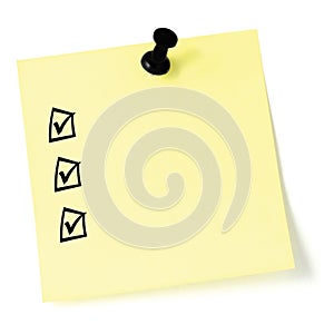 Yellow sticker checklist, black check boxes and tick marks, thumbtack pushpin isolated, blank post-it style to-do list sticky note