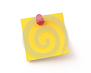 Yellow sticker pinned red pushbutton with curled corner,