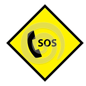 Yellow sticker with silhouette of a phone receiver and the text sos