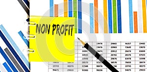 Yellow sticker with text NON PROFIT on chart with pencil . It can be used as a business and financial concept