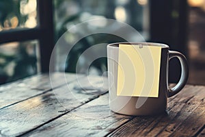 Yellow sticky note on coffee mug