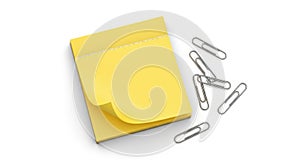 Blank Yellow Sticky Notes and Paper Clips on White Background