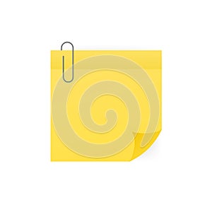 Yellow sticky note with paper clip isolated on white background. Vector illustration