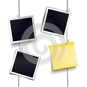 Yellow sticky note and photo frames attached metal paper clips on tapes. Template for design. Vector illustration