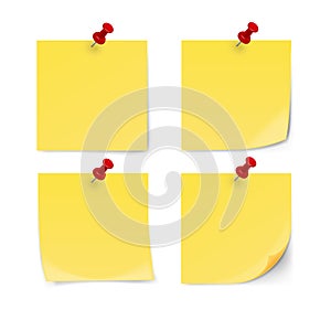 Yellow sticky note with pin clip isolated on white background.