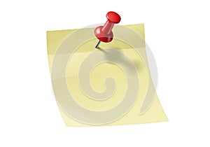Yellow sticky note pinned with red thumbtack isolated on transparent background