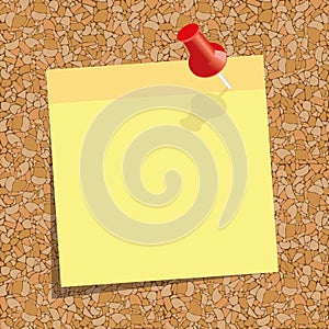 Yellow sticky note with a red push-pin against the background of cork board.