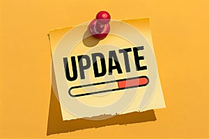 Yellow sticky note with UPDATE text and red progress bar, symbolizing progress
