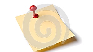 Yellow sticky note on white background, pinned with a red thumbtack. Simple office supply concept. Suitable for business