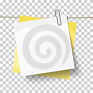 Yellow sticky note and white sheet of paper attached metal paper clip on tape. Template for design. Vector illustration