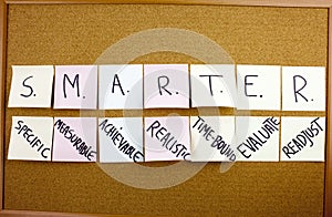 A yellow sticky note writing, caption, inscription Phrase SMARTER in black ext on a sticky note pinned to a cork notice