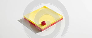 Yellow Sticky Notes Stack with Red Button on White Background