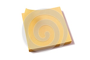 Yellow sticky post notes pad white background corner curled