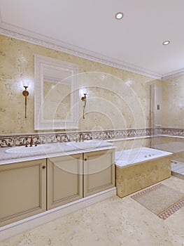 Yellow stone tiles and classic design in a lighted bathroom