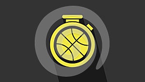 Yellow Stopwatch with basketball ball inside icon isolated on grey background. Basketball time. Sport and training. 4K