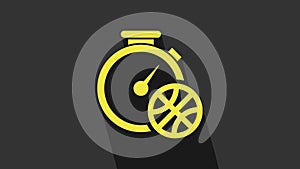 Yellow Stopwatch with basketball ball inside icon isolated on grey background. Basketball time. Sport and training. 4K