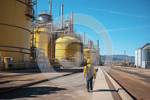 Yellow Storage Tanks with pipeline system and worker in Industrial area. Equipment for storing chemical, oil, gas or