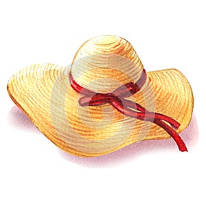 Yellow straw beach sun hat with red ribbon, womens summer accessory, isolated object, summer vacation and travel symbol