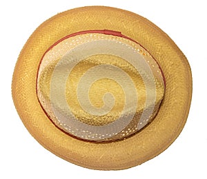 Yellow straw hat on white background top view.
