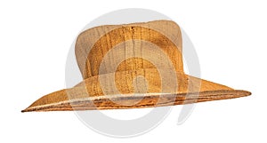 Yellow straw hat on white background top view.