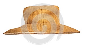 Yellow straw hat on white background top view.