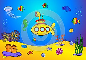 Yellow submarine and fish under water. Seahorse, jellyfish, cora