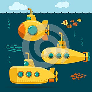 Yellow Submarine undersea with fishes, cartoon style. Vector