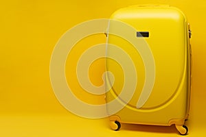 Yellow Suitcase Banner, Travel Things Concept Festive Adventure Journey, on yellow background