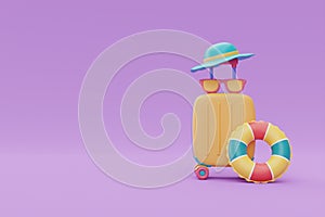 Yellow suitcase with colorful summer beach elements ,Tourism and travel ,summer time,3d