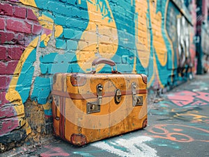 Yellow suitcase leaning against brick wall