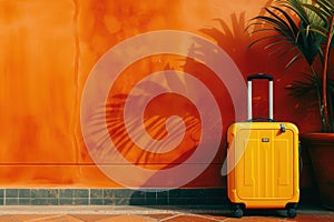 a yellow suitcase is leaning against an orange wall next to a potted plant